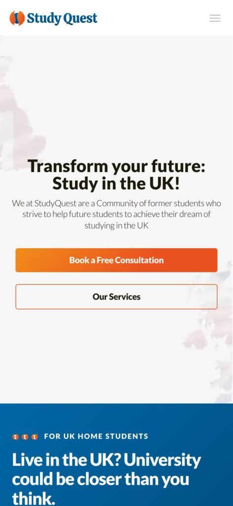Page d'accueil de StudyQuest sur mobile